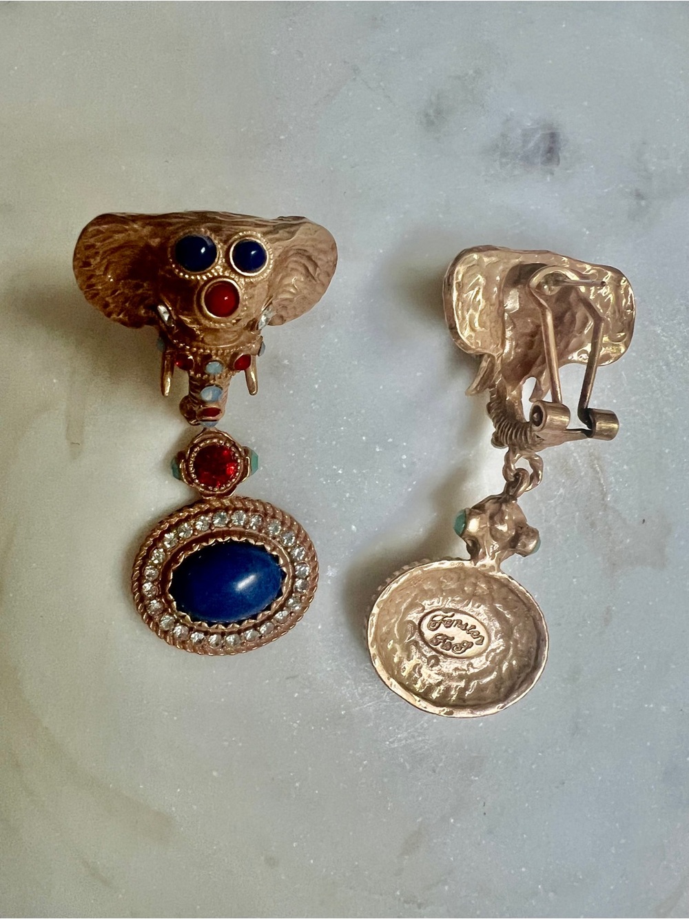 Vintage Gold-Tone Elephant Drop Earrings with Blue and Red Stones-Pierced - Picture 6 of 8